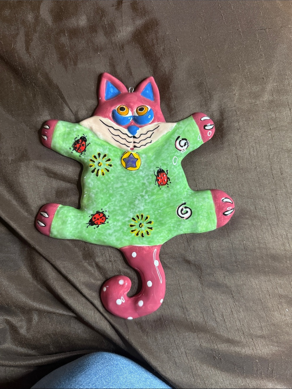 Hand-Painted Green & Pink Cat Ceramic Wall Accent